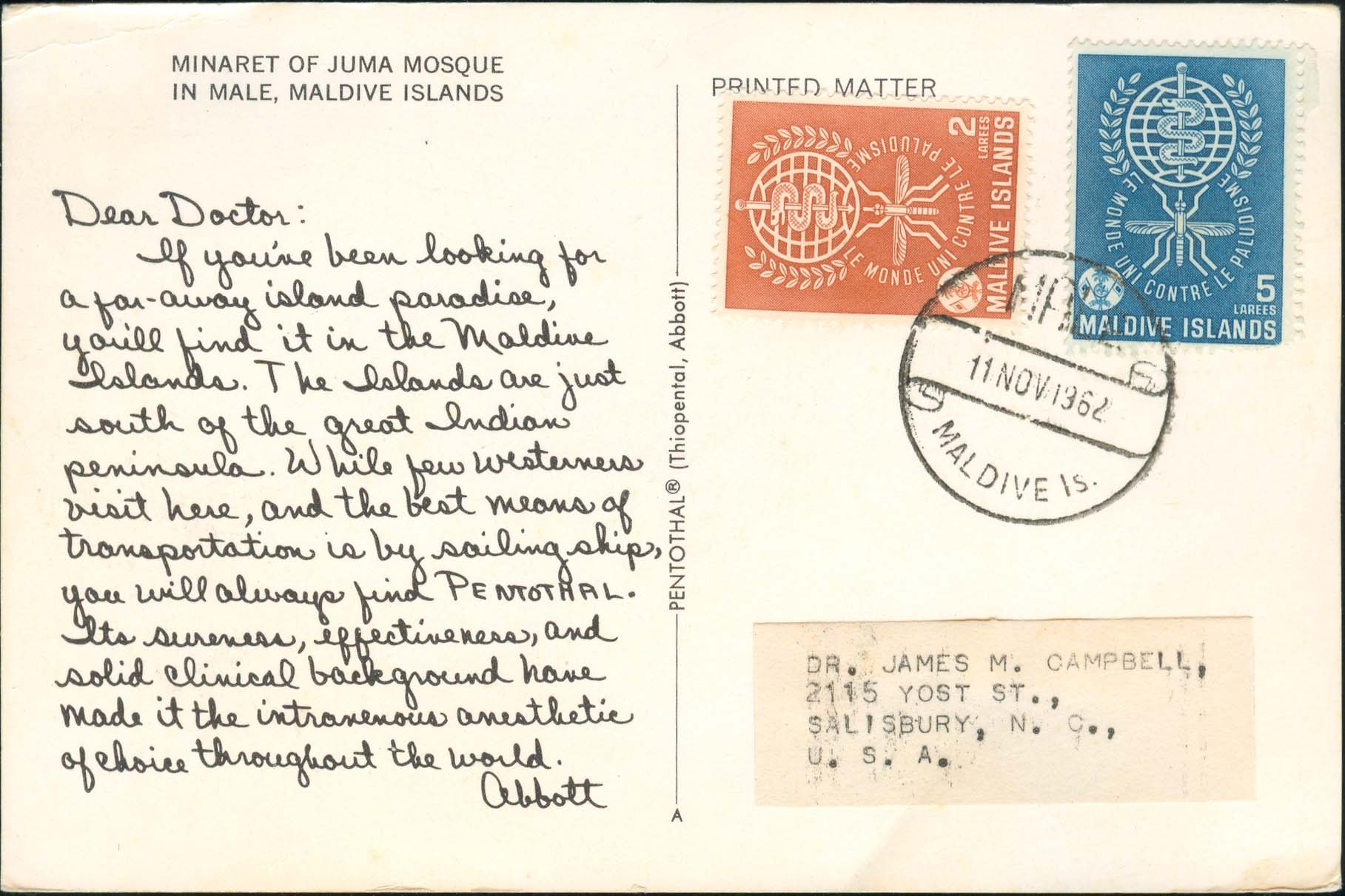 Dear Doctor Postcard - Type A - United States - 1962, Nov 11