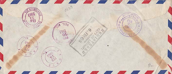 70c Air Mail Rate, 30c Registry Fee - Back of Cover