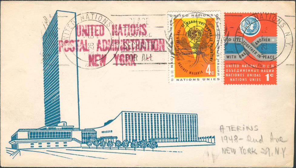 Scott 102 2nd print - March, 26, 1963 With a roller cancel - not common on small envelopes UN Postal Administration rubber stamped return address 