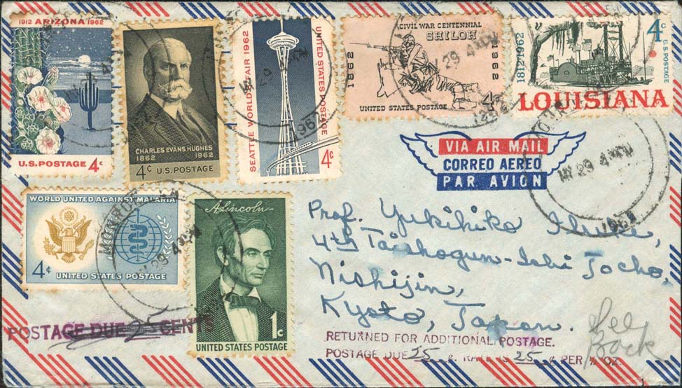 1962, May 29th, 4:30 PM Monroe, LA to Japan. Cover weighed 1 oz so 25¢ more was required and returned for more postage. 25 ¢ added on the back June 2nd, 1962. - Front